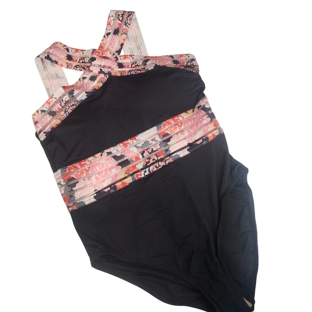 Hilor One Piece Swimsuit Women L Black Floral Mesh Crossover Resort Boho 646 NWT